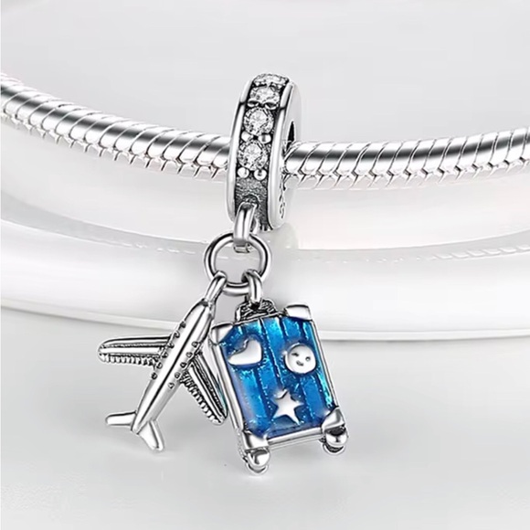 Jewelry - Sterling Silver Airplane & Blue Suitcase Dangle Charm